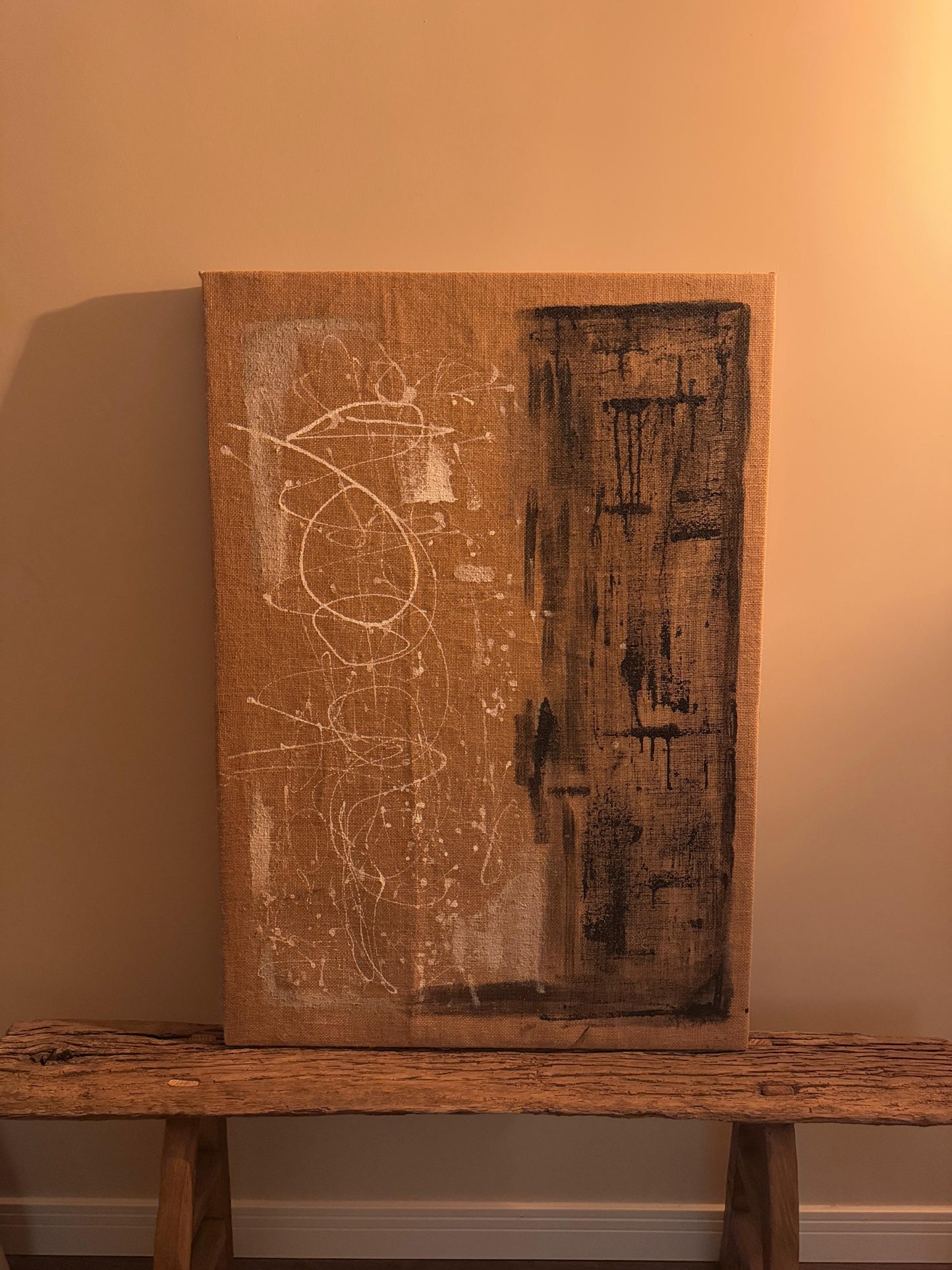 Unique Abstract Painting on 80-Year-Old European Burlap Canvas
