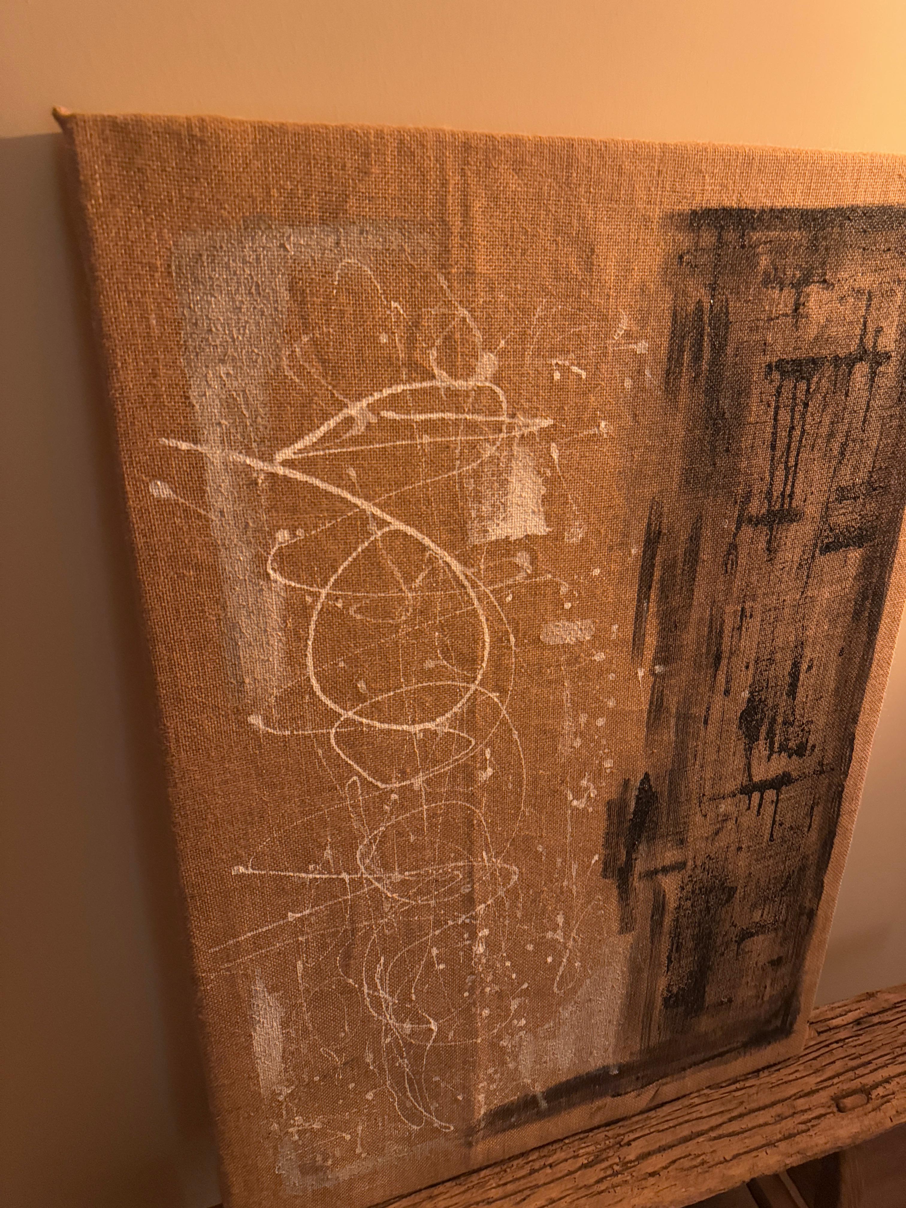 Unique Abstract Painting on 80-Year-Old European Burlap Canvas
