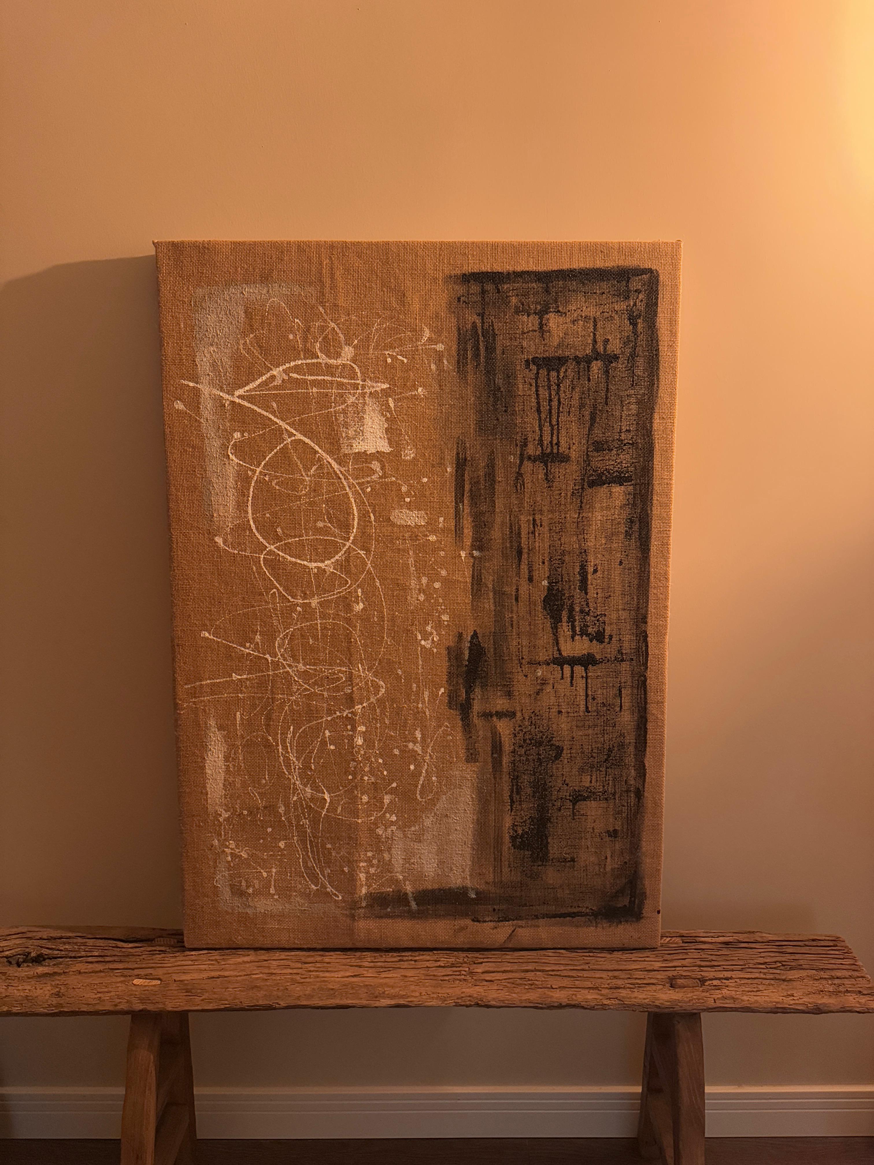 Unique Abstract Painting on 80-Year-Old European Burlap Canvas