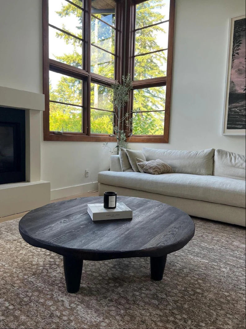 Rustic Round Low Wood Dark Brown Coffee Table • Living Room Handmade Furniture