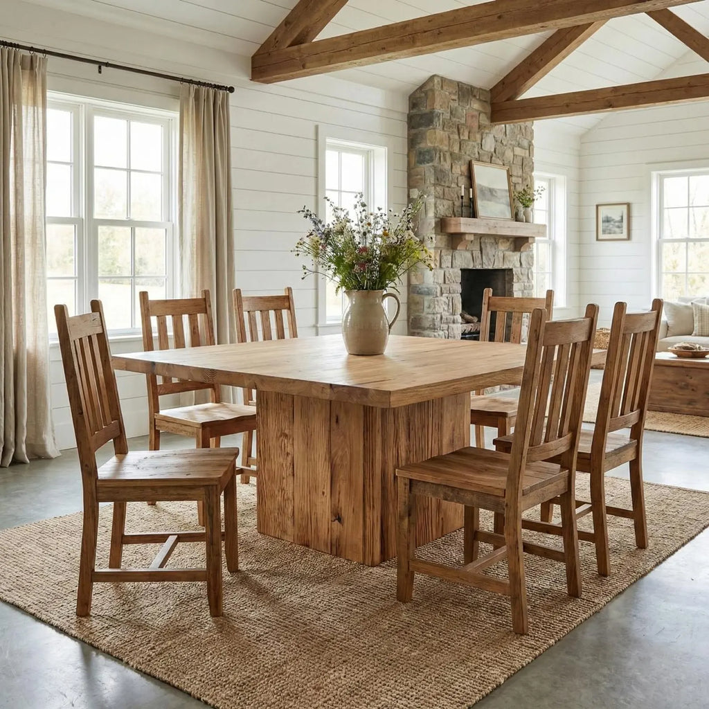 Reclaimed Oak Square Pedestal Dining Table • Handmade Farmhouse Dining Furniture