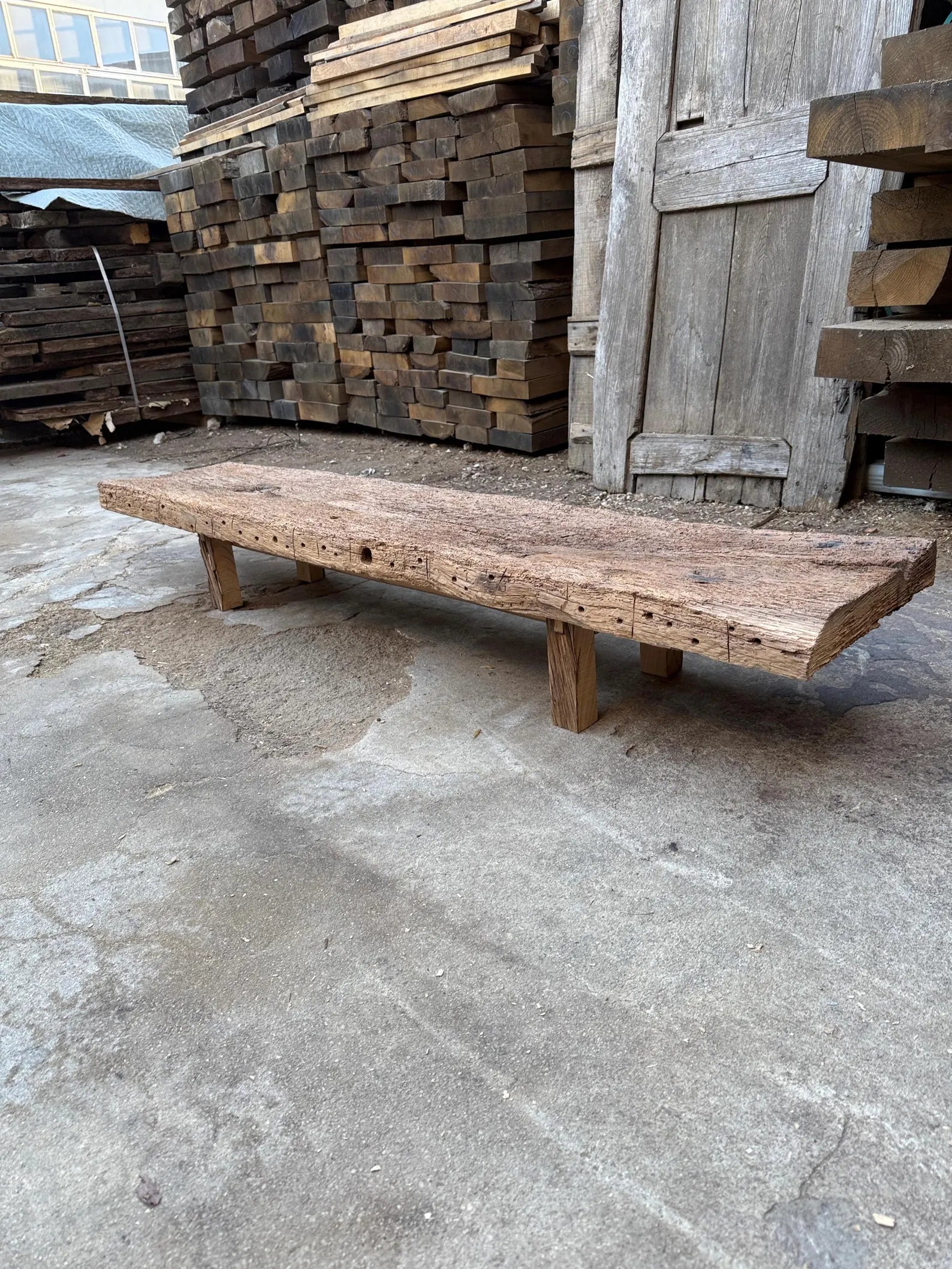 Reclaimed Oak Wood Bench • Handmade Low Shelf • Low Console Table